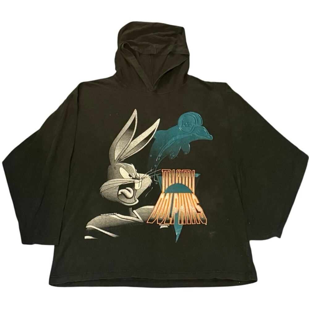 Vintage 90s Miami Dolphins Bugs Bunny Looney Tunes 1993 Hooded Shirt Adult Med